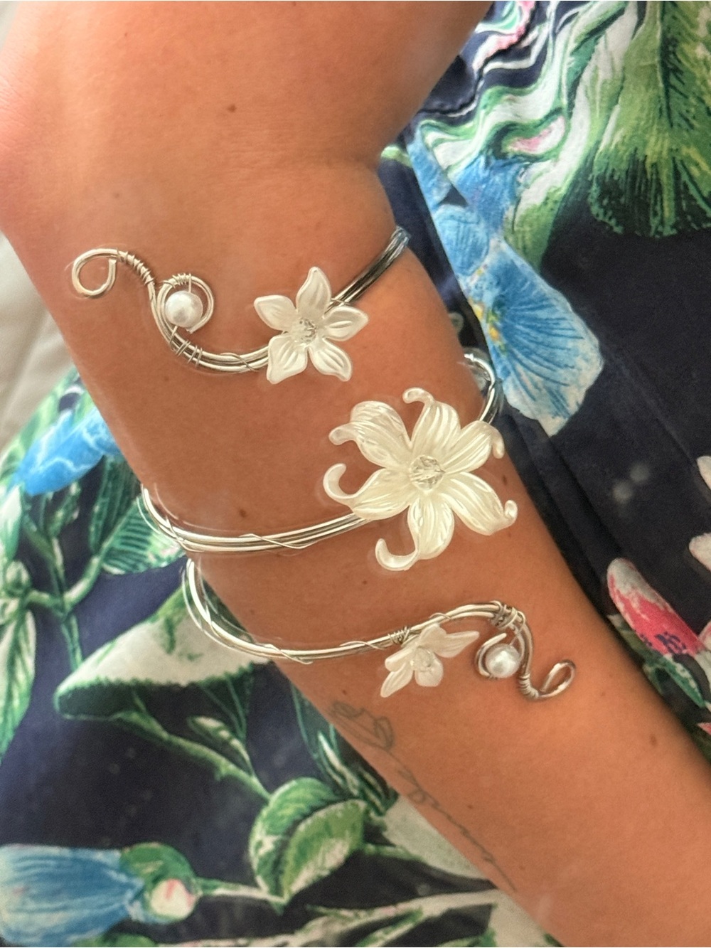 Silver Floral Wrap Bracelet - Silver Flower Arm Cuff